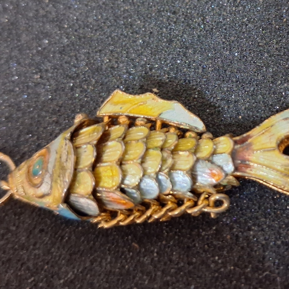 Vintage Articulated Goldtone and Blue Fish Pendant